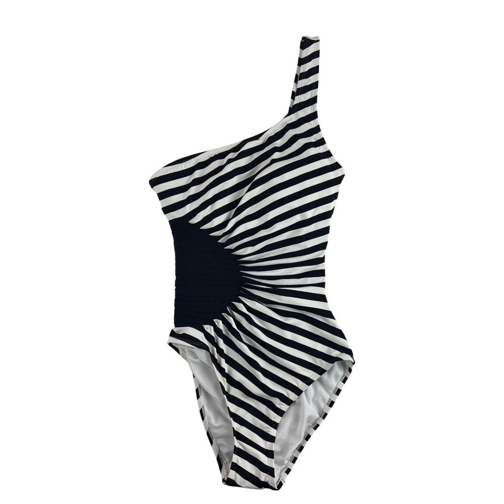 Anne Cole Signature Striped Swimsuit Womens 8 One-Shoulder Black & White Stripes - Picture 2 of 13